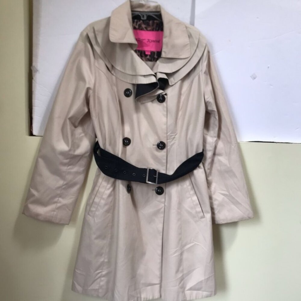 Betsey Johnson Ruffle Trench Lightweight Double Breasted Coat Cotton Tan Belt L - Picture 7 of 15